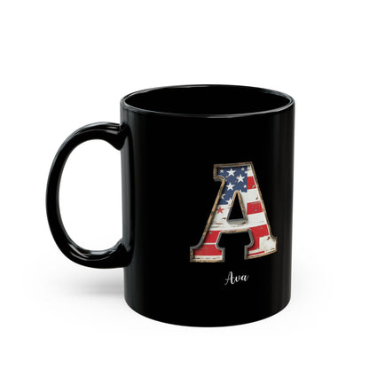 Patriotic Initial Mug – Letter A with American Flag – Custom Name Ava