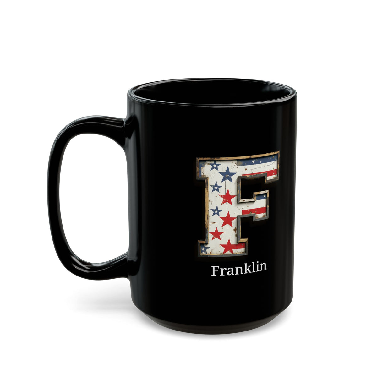 Black Personalized USA Flag Initial Mug with Letter F and Franklin Name Gift for Men, Veterans, Patriotic Coffee Lovers