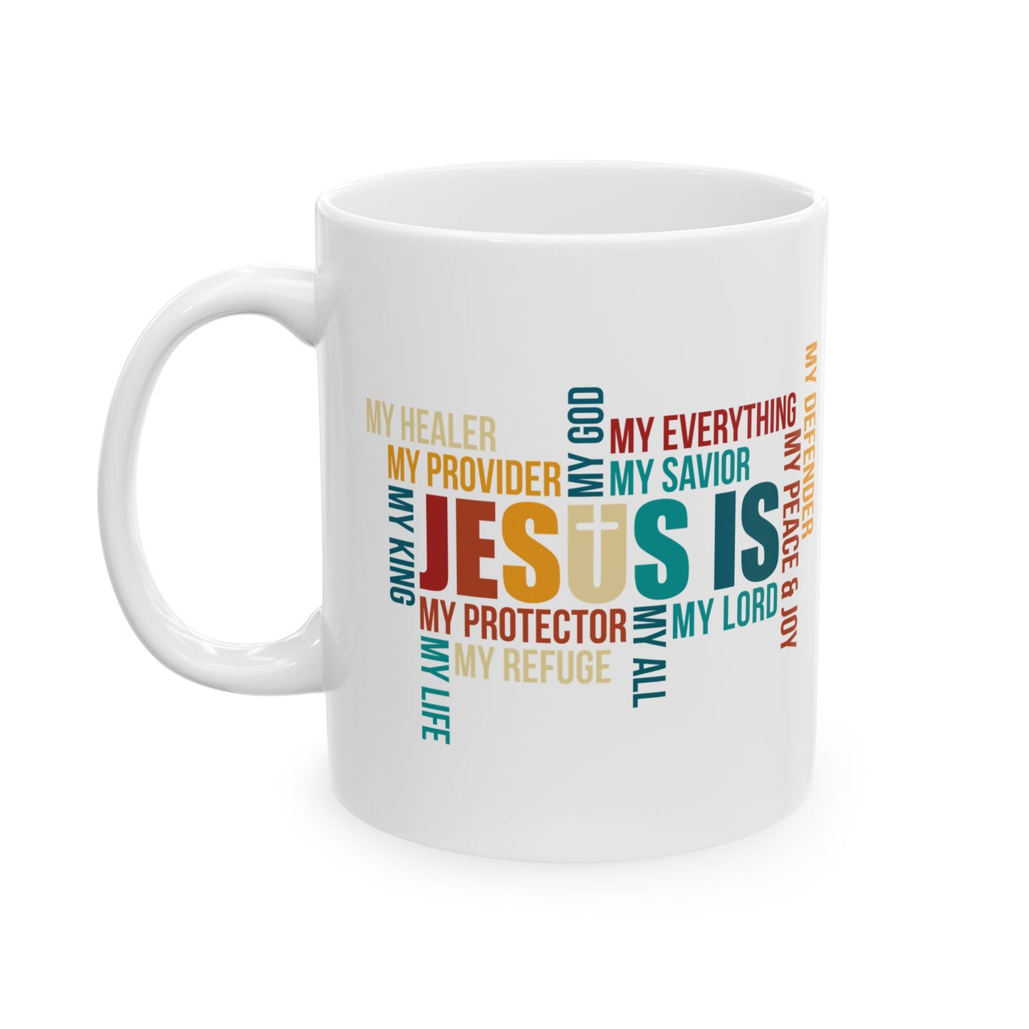 Jesus Is Word Cloud White Mug – Christian Faith Inspiration