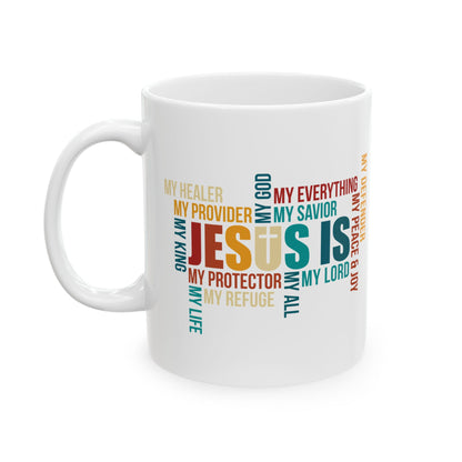 Jesus Is Word Cloud White Mug – Christian Faith Inspiration