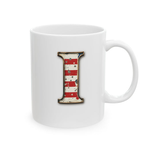 Mug - Patriotic American Flag Letter I with Kevin Name - Vintage Red, White, and Blue Design