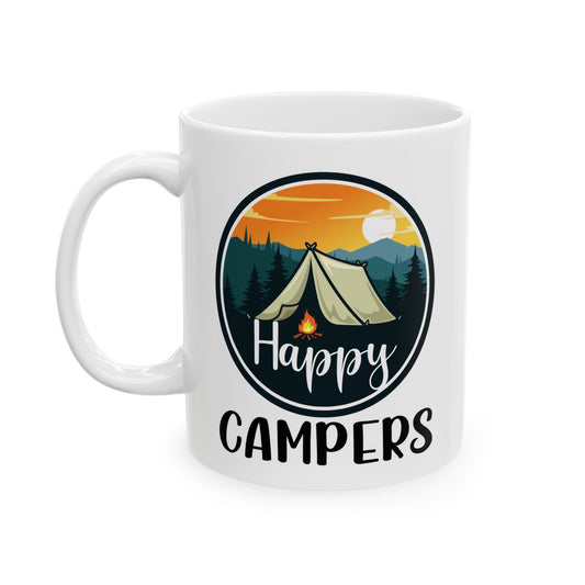 Happy Campers – Vintage Tent and Bonfire Adventure Scene Ceramic Mug, (11oz, 15oz)