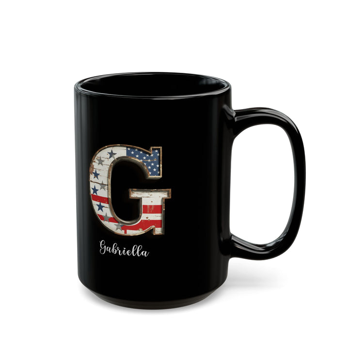 Mug - Patriotic American Flag Letter G with Kevin Name - Vintage Red, White, and Blue Design