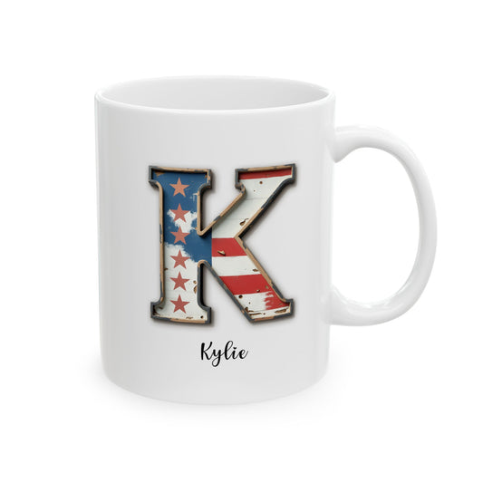 Mug - Patriotic American Flag Letter K with Kevin Name - Vintage Red, White, and Blue Design