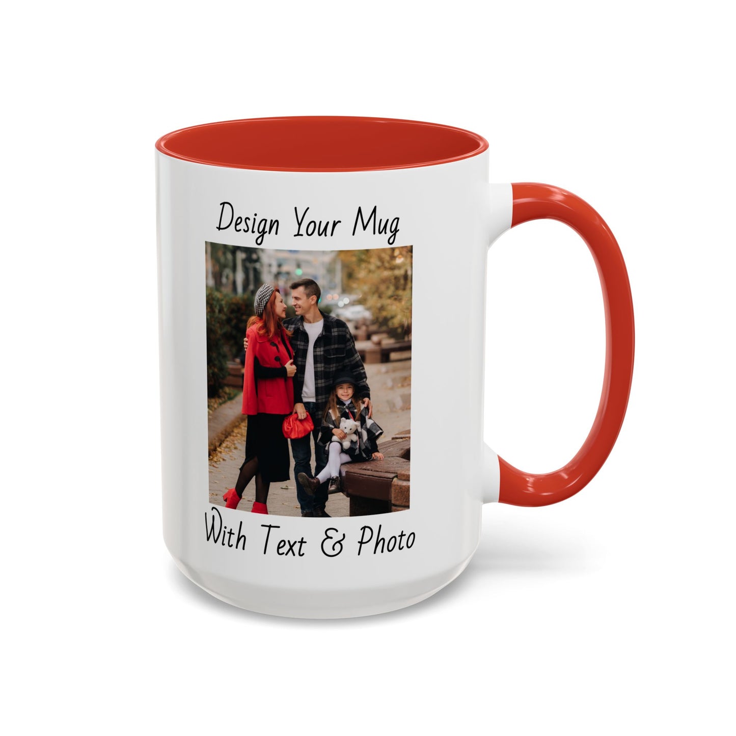 Family Fall Fashion - Mom, Dad, and Daughter in Stylish Outerwear Outdoors Mug