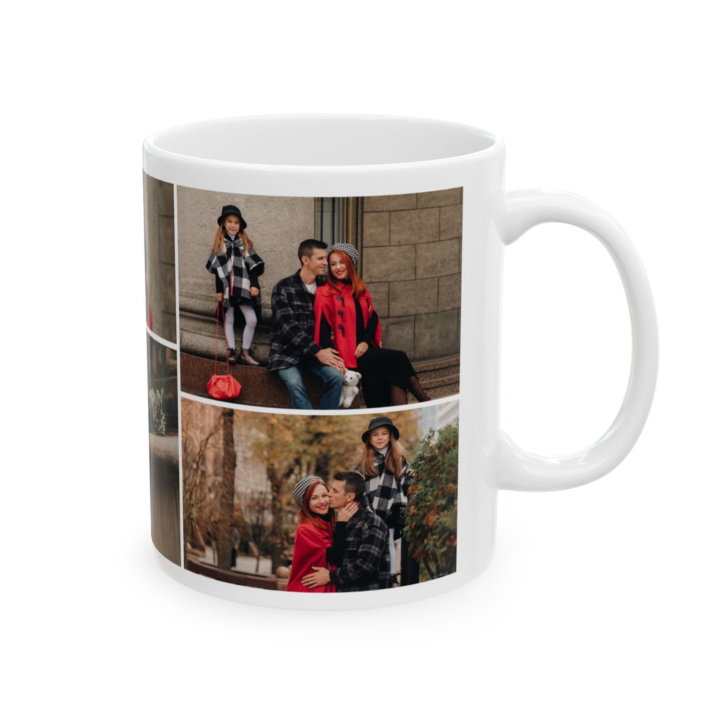 Happy Family Moments - Stylish Fall Family Photoshoot with Dad, Mom, and Daughter in Matching Outerwear Mug