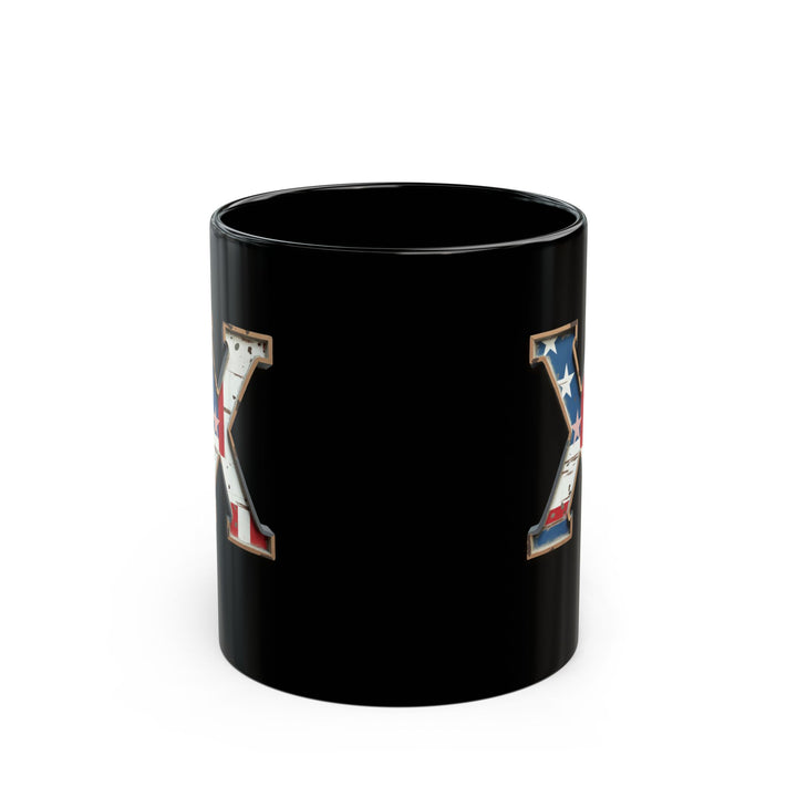 Black USA Flag Letter X Initial Mug – Patriotic Coffee Cup Gift for Men, Veterans, and Proud Americans