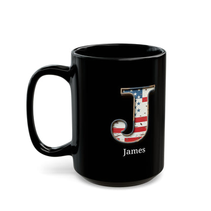 Black Personalized USA Flag Initial Mug with Letter J and James Name Gift for Men, Veterans, Patriotic Coffee Lovers