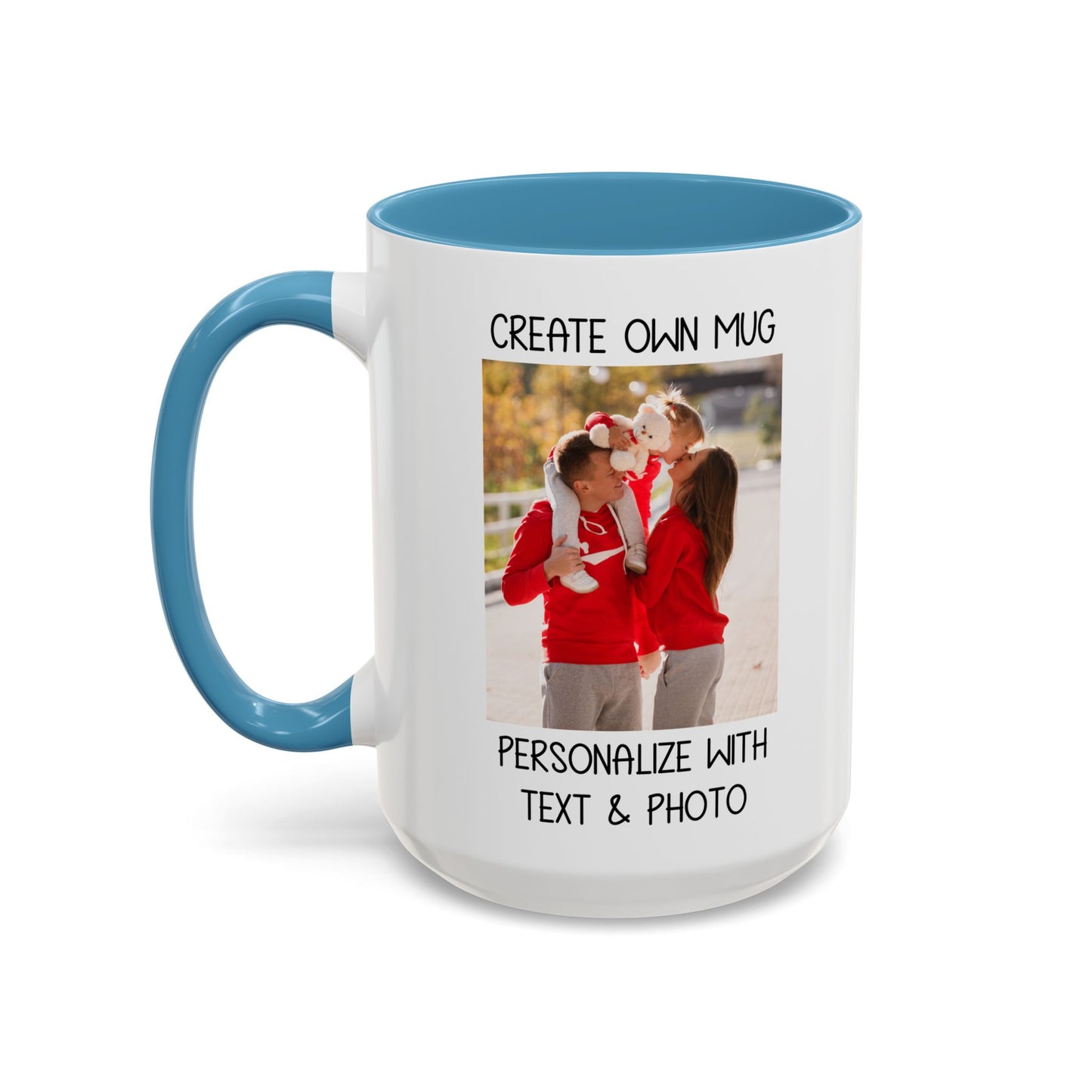 Happy Family Moments in Red Hoodies - Dad, Mom, and Daughter Outdoors Mug