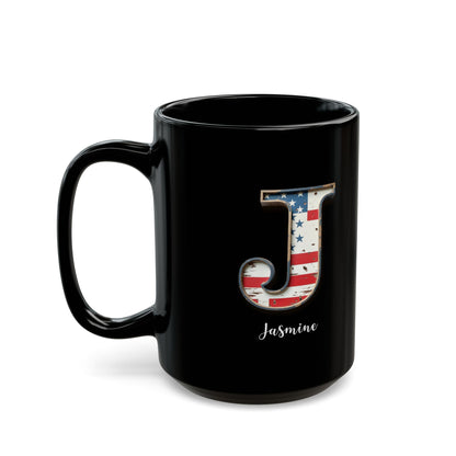Mug - Patriotic American Flag Letter J with Kevin Name - Vintage Red, White, and Blue Design