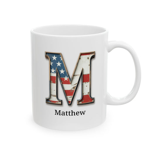 White American Flag Mug with Letter M and Name Matthew Personalized Patriotic Coffee Cup Gift for Veterans Military or Proud Americans