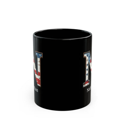 Black American Flag Mug with Letter N and Name Nathan Personalized Patriotic Coffee Cup Gift for Men Veterans or USA Flag Supporters