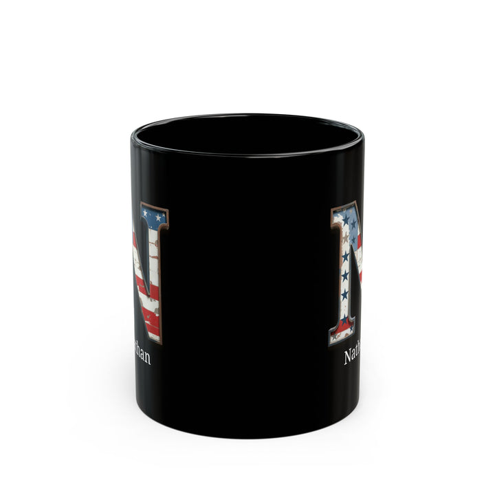 Black American Flag Mug with Letter N and Name Nathan Personalized Patriotic Coffee Cup Gift for Men Veterans or USA Flag Supporters