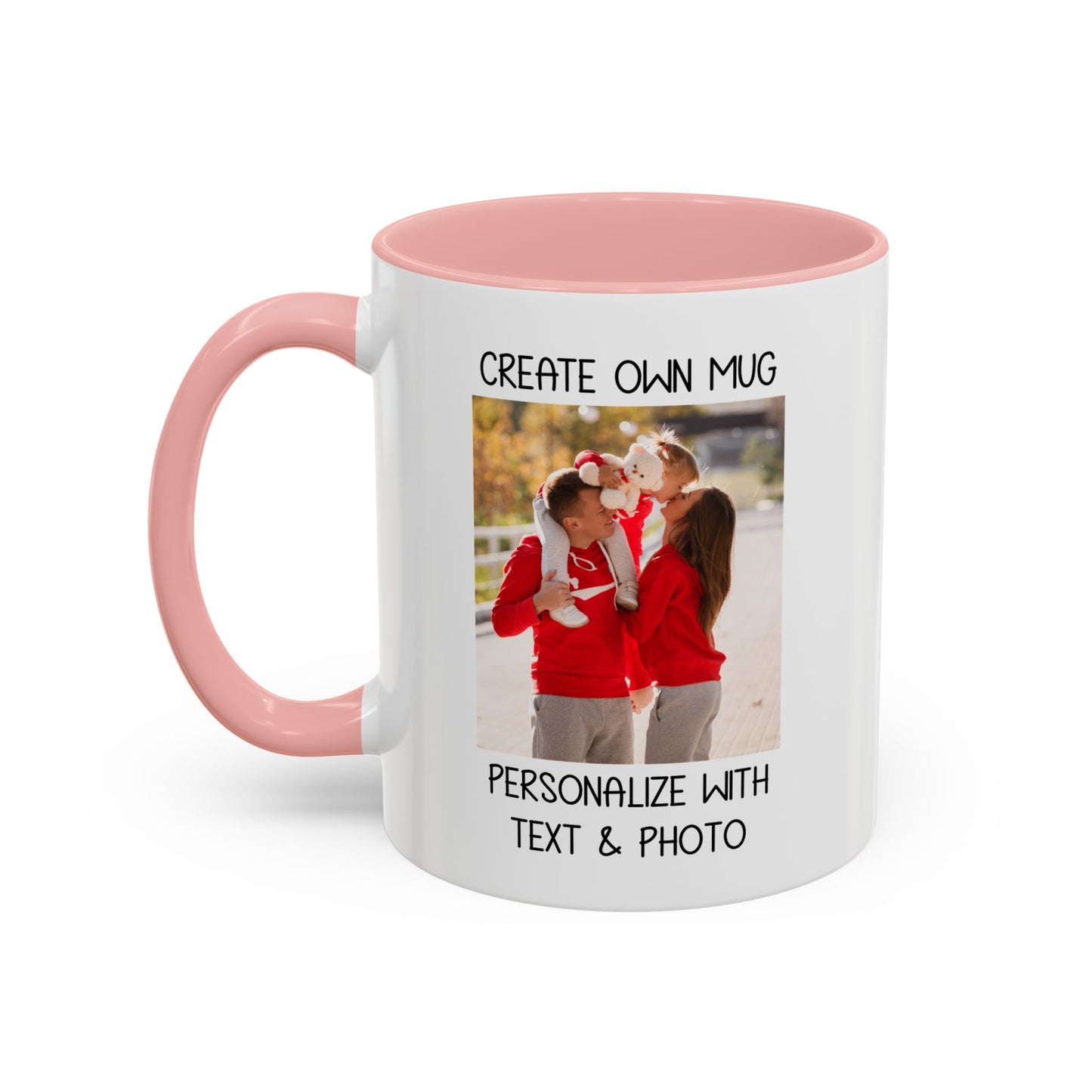 Happy Family Moments in Red Hoodies - Dad, Mom, and Daughter Outdoors Mug