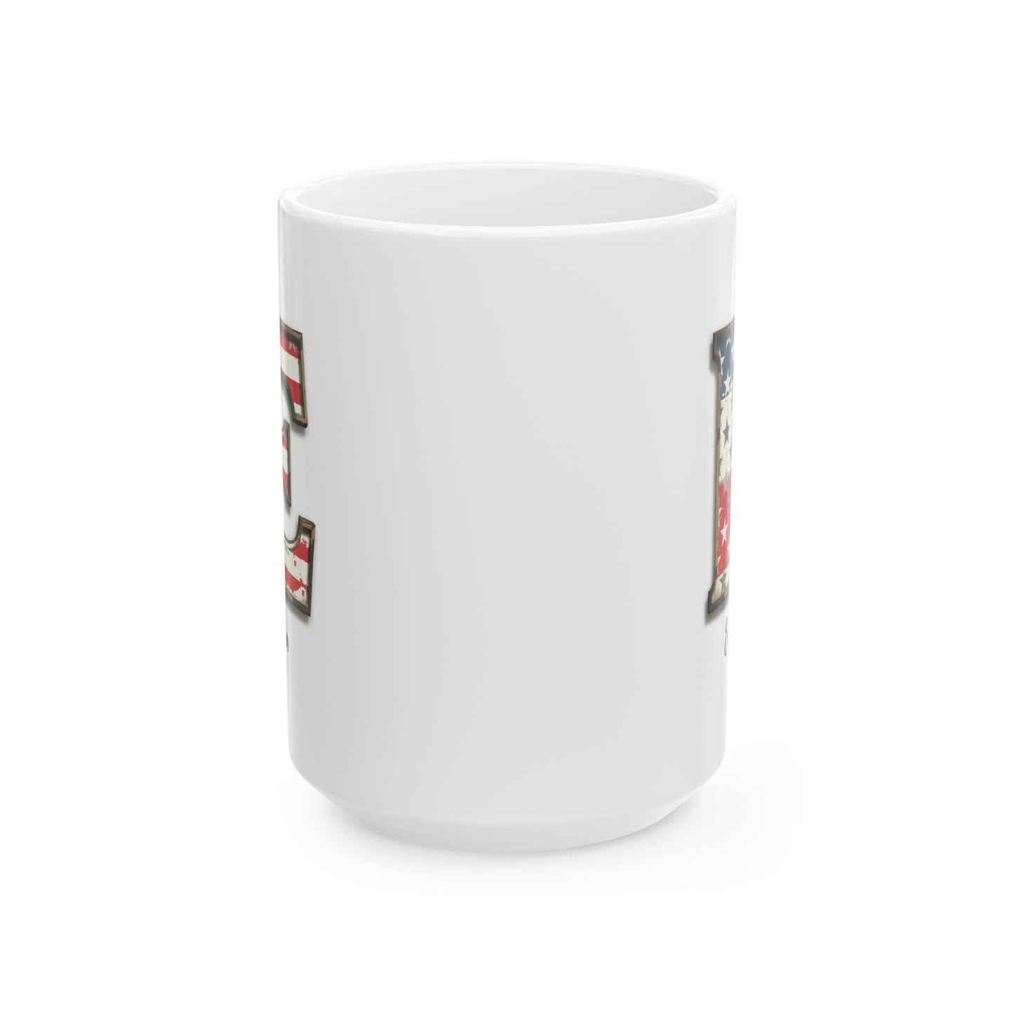 Mug - Patriotic American Flag Letter E with Kevin Name - Vintage Red, White, and Blue Design