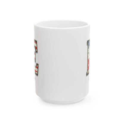 Mug - Patriotic American Flag Letter E with Kevin Name - Vintage Red, White, and Blue Design