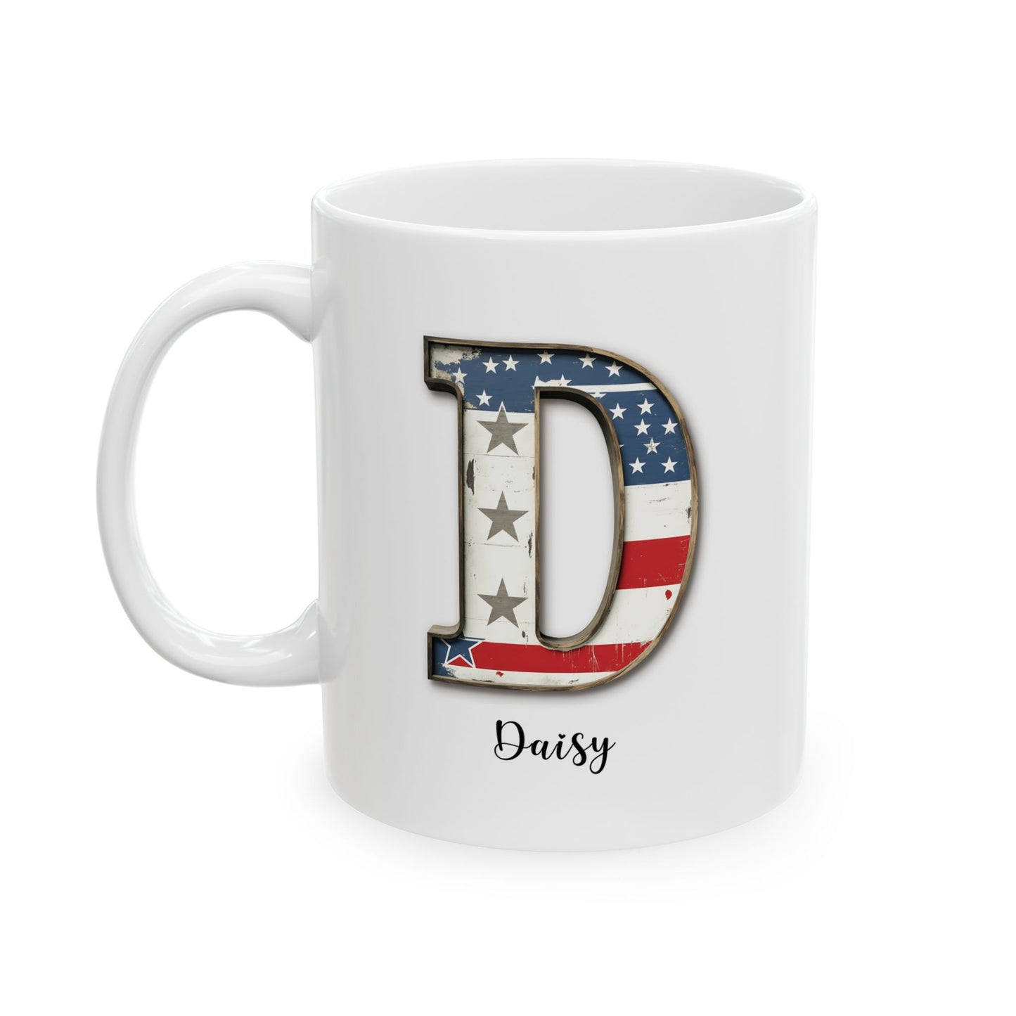 Mug - Patriotic American Flag Letter D with Kevin Name - Vintage Red, White, and Blue Design