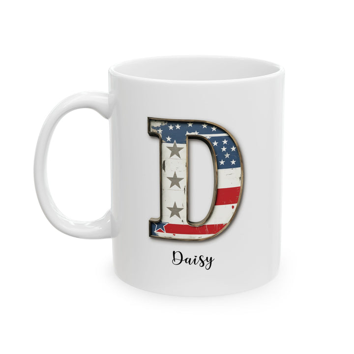 Mug - Patriotic American Flag Letter D with Kevin Name - Vintage Red, White, and Blue Design