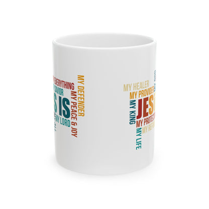 Jesus Is Word Cloud White Mug – Christian Faith Inspiration