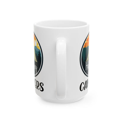 Happy Campers – Vintage Tent and Bonfire Adventure Scene Ceramic Mug, (11oz, 15oz)