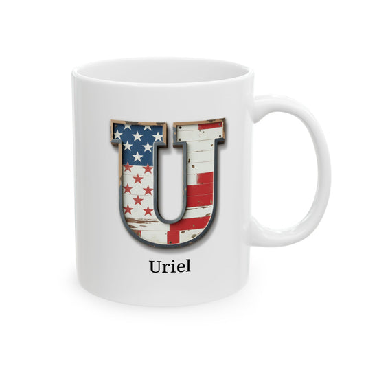 White American Flag Mug with Letter U and Name Uriel Personalized Patriotic Coffee Cup Gift for Men Veterans or USA Flag Lovers