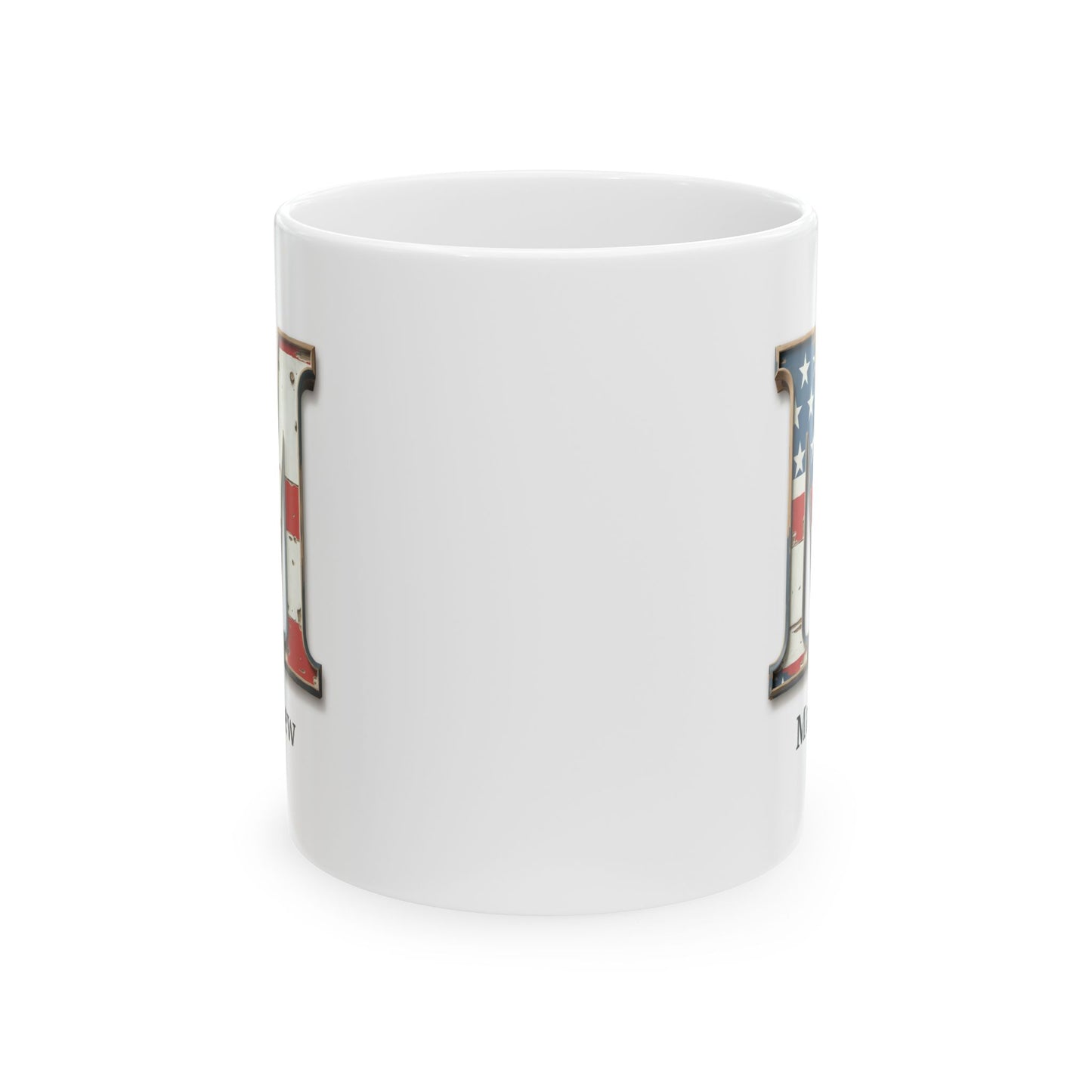 White American Flag Mug with Letter M and Name Matthew Personalized Patriotic Coffee Cup Gift for Veterans Military or Proud Americans