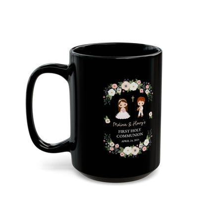 First Holy Communion Black Mug – Custom Gift for Melina & Henry