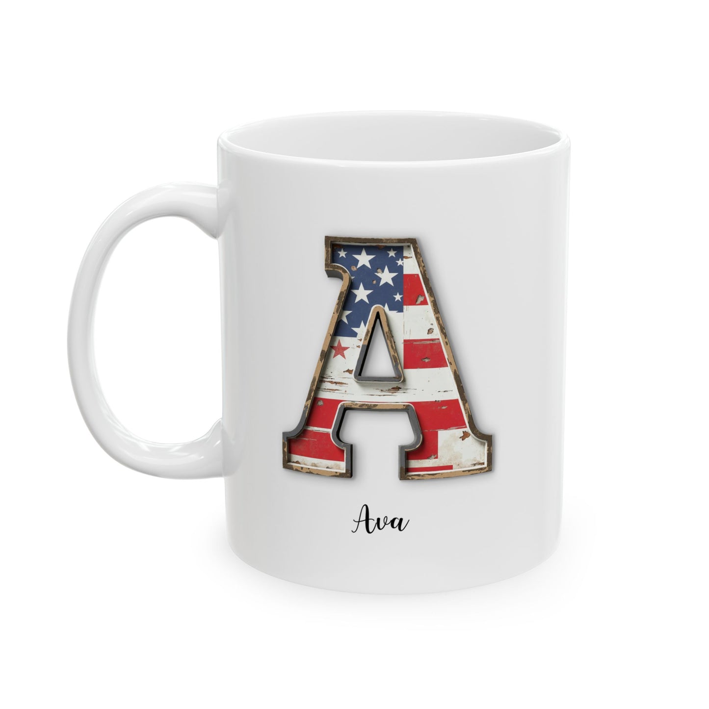 Mug - Patriotic American Flag Letter A with Kevin Name - Vintage Red, White, and Blue Design