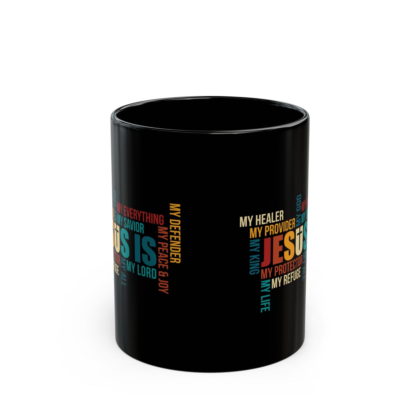 Jesus Is Word Cloud Black Mug – Colorful Christian Coffee Cup