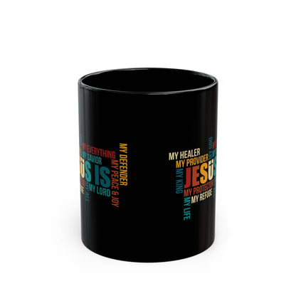 Jesus Is Word Cloud Black Mug – Colorful Christian Coffee Cup
