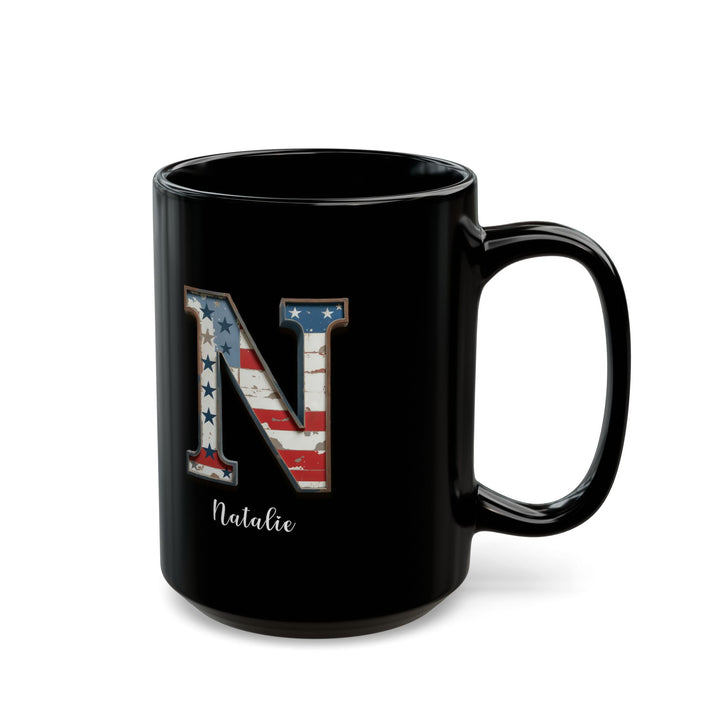 Mug - Patriotic American Flag Letter N with Kevin Name - Vintage Red, White, and Blue Design