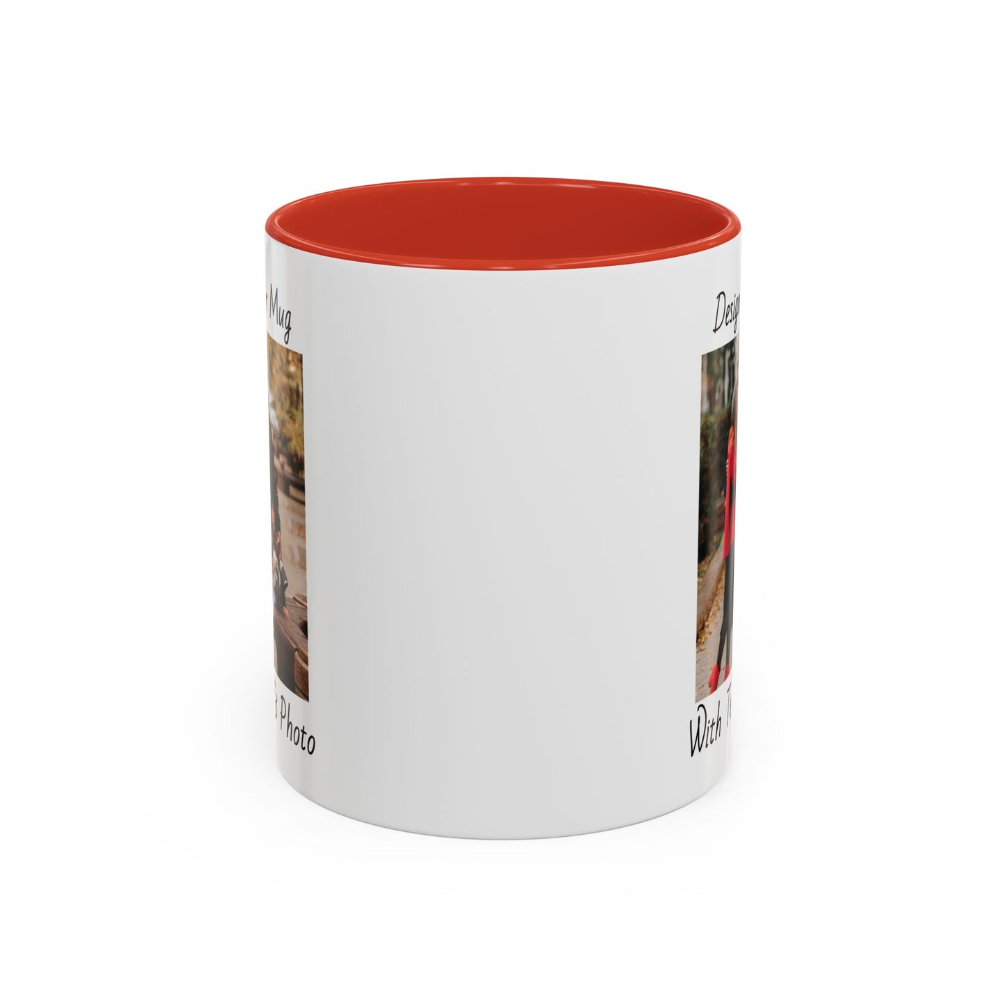 Family Fall Fashion - Mom, Dad, and Daughter in Stylish Outerwear Outdoors Mug