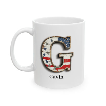 White Personalized USA Flag Initial Mug with Letter G and Gavin Name Gift for Men, Veterans, Patriotic Coffee Lovers