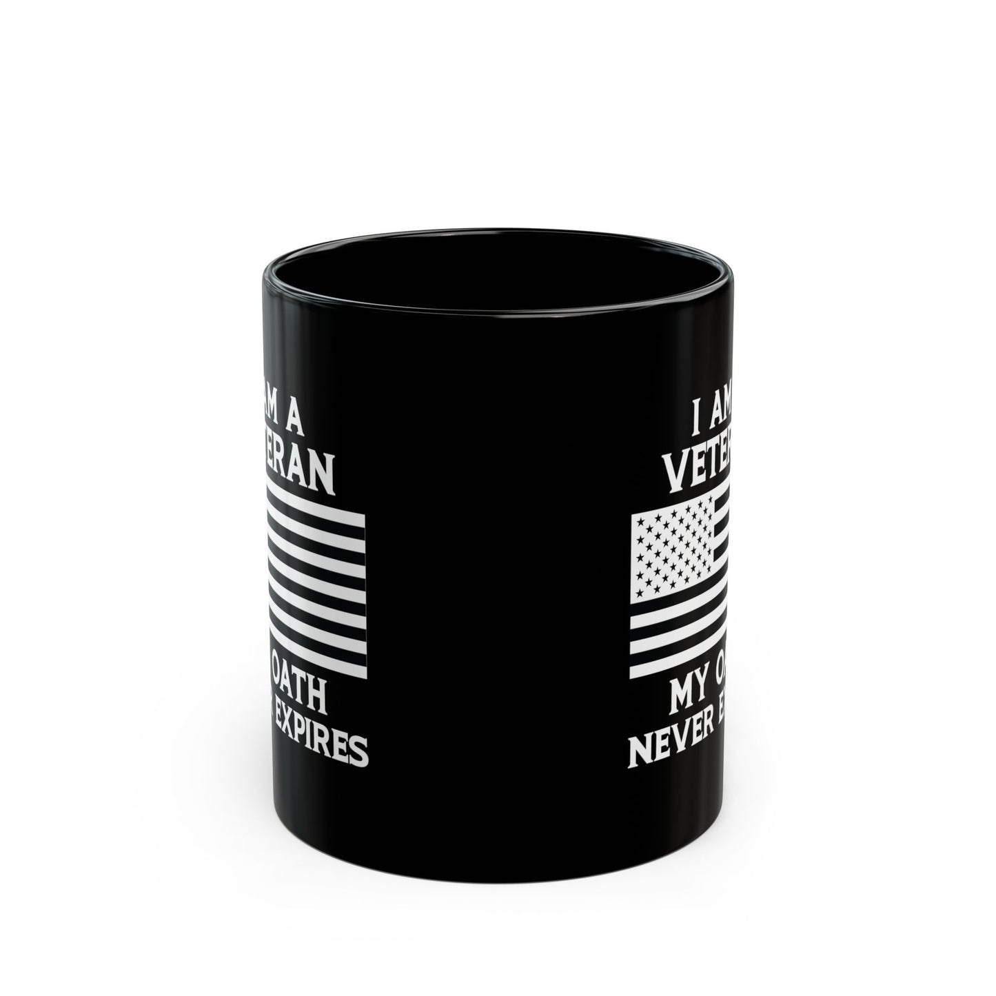 I Am a Veteran My Oath Never Expires Mug – Patriotic Black Coffee Cup with American Flag