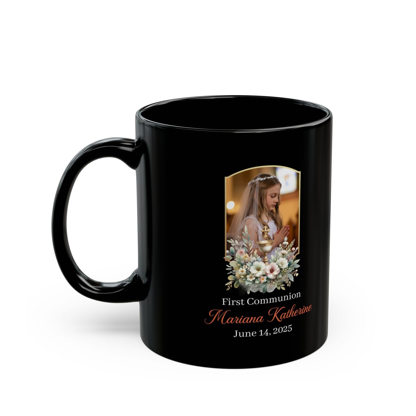 Black Personalized First Communion Mug for Girl – Custom Photo and Name Keepsake Gift for Catholic Celebration – Floral Holy Chalice Design