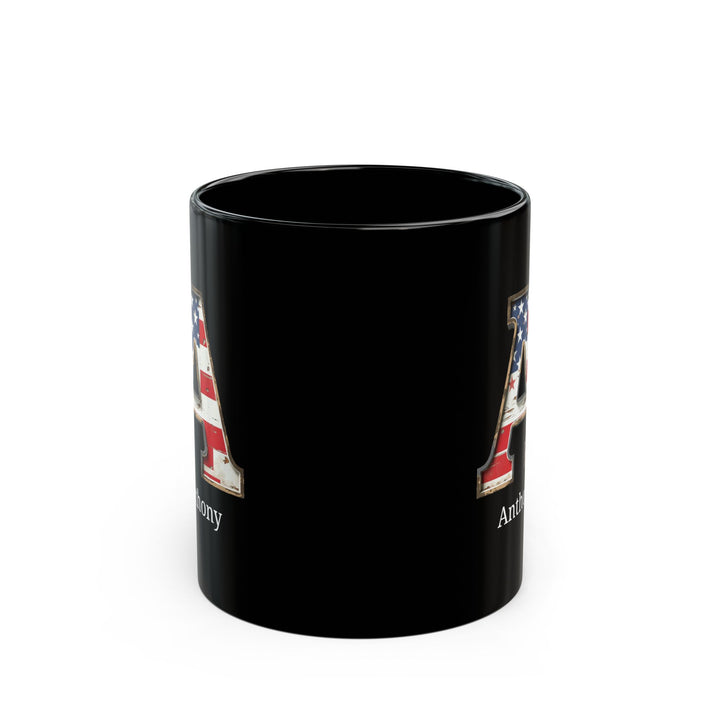 Black Personalized USA Flag Initial Mug with Letter A and Anthony Name Gift for Men, Veterans, Patriotic Coffee Lovers