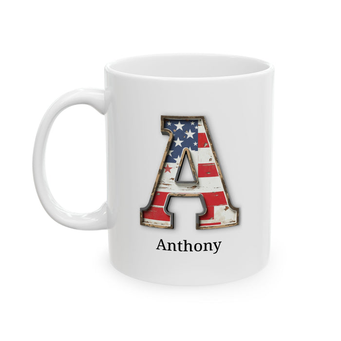 White Personalized USA Flag Initial Mug with Letter A and Anthony Name Gift for Men, Veterans, Patriotic Coffee Lovers