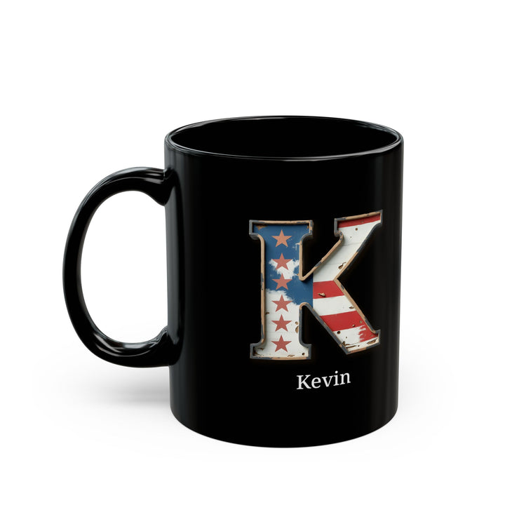 Black American Flag Mug with Letter K and Name Kevin Personalized Patriotic Coffee Cup Gift for Men Veterans or Proud USA Supporters