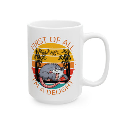 Cartoon Possum Mug – First of All I'm a Delight Funny Coffee Cup with Vintage Sunset for Animal Lovers