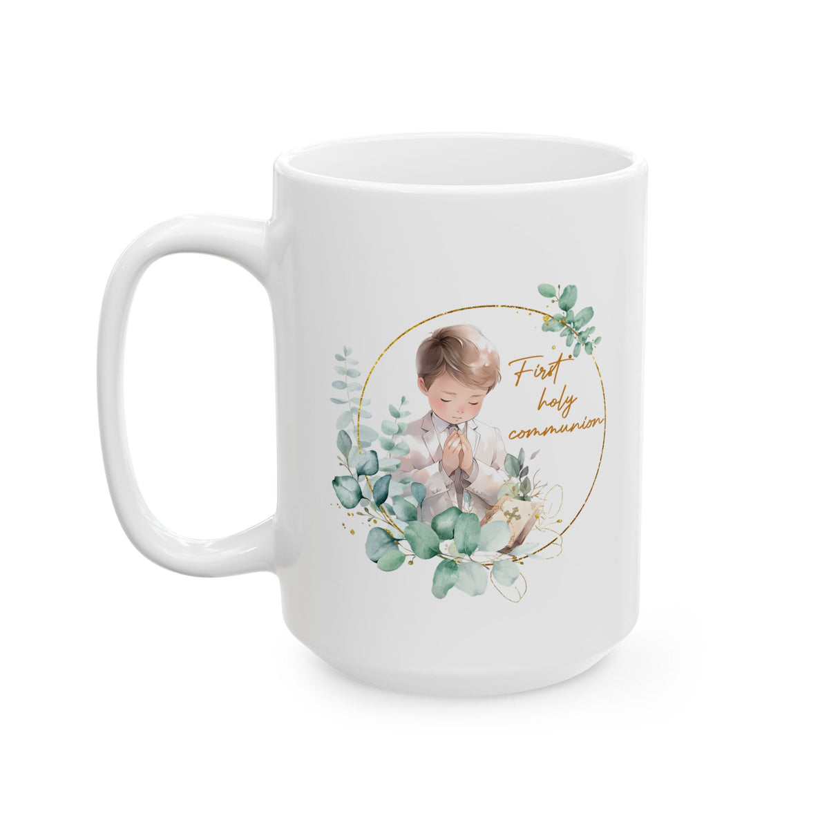 First Communion Mug for Boy – Elegant Eucalyptus Prayer Design