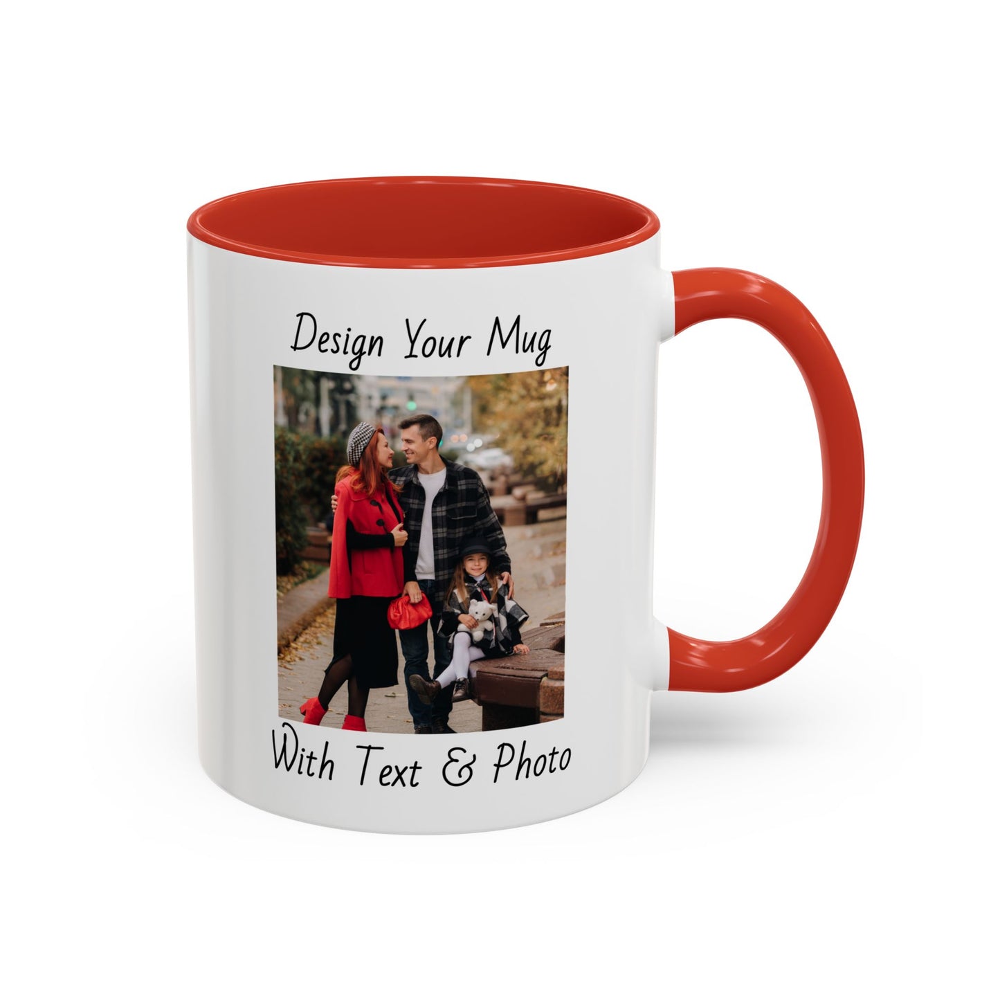 Family Fall Fashion - Mom, Dad, and Daughter in Stylish Outerwear Outdoors Mug