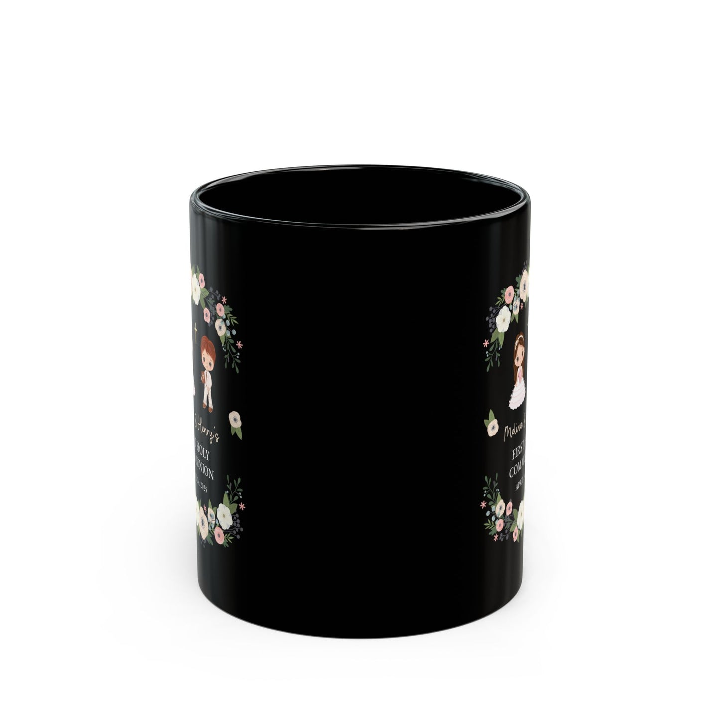 First Holy Communion Black Mug – Custom Gift for Melina & Henry
