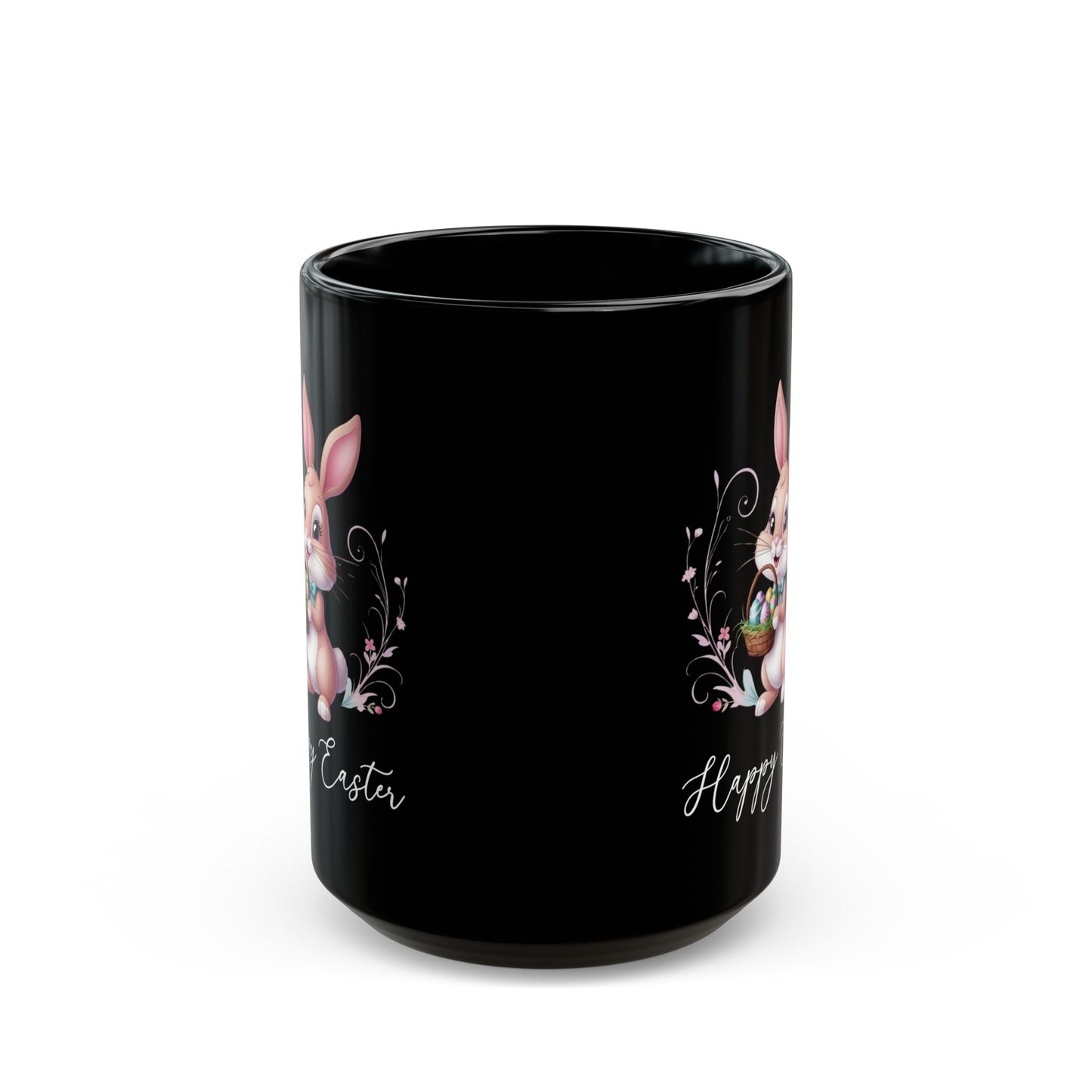 Happy Easter Bunny Mug – Black Coffee Cup with Cute Egg Basket Bunny