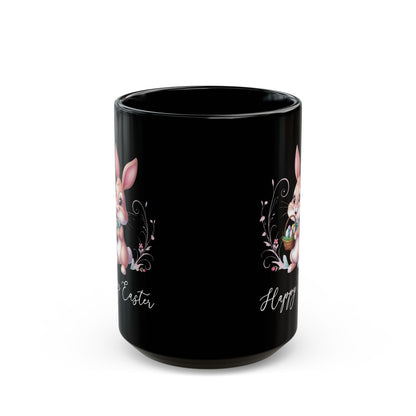 Happy Easter Bunny Mug – Black Coffee Cup with Cute Egg Basket Bunny