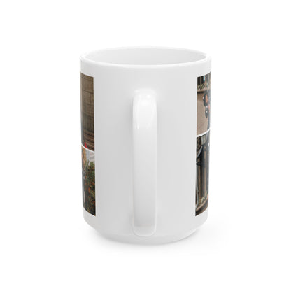 Happy Family Moments - Stylish Fall Family Photoshoot with Dad, Mom, and Daughter in Matching Outerwear Mug