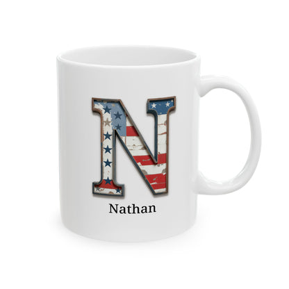 White American Flag Mug with Letter N and Name Nathan Personalized Patriotic Coffee Cup Gift for Veterans Military or Proud Americans
