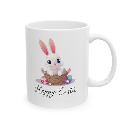 Happy Easter Bunny in Basket Mug – White Cup with Cute Pastel Eggs