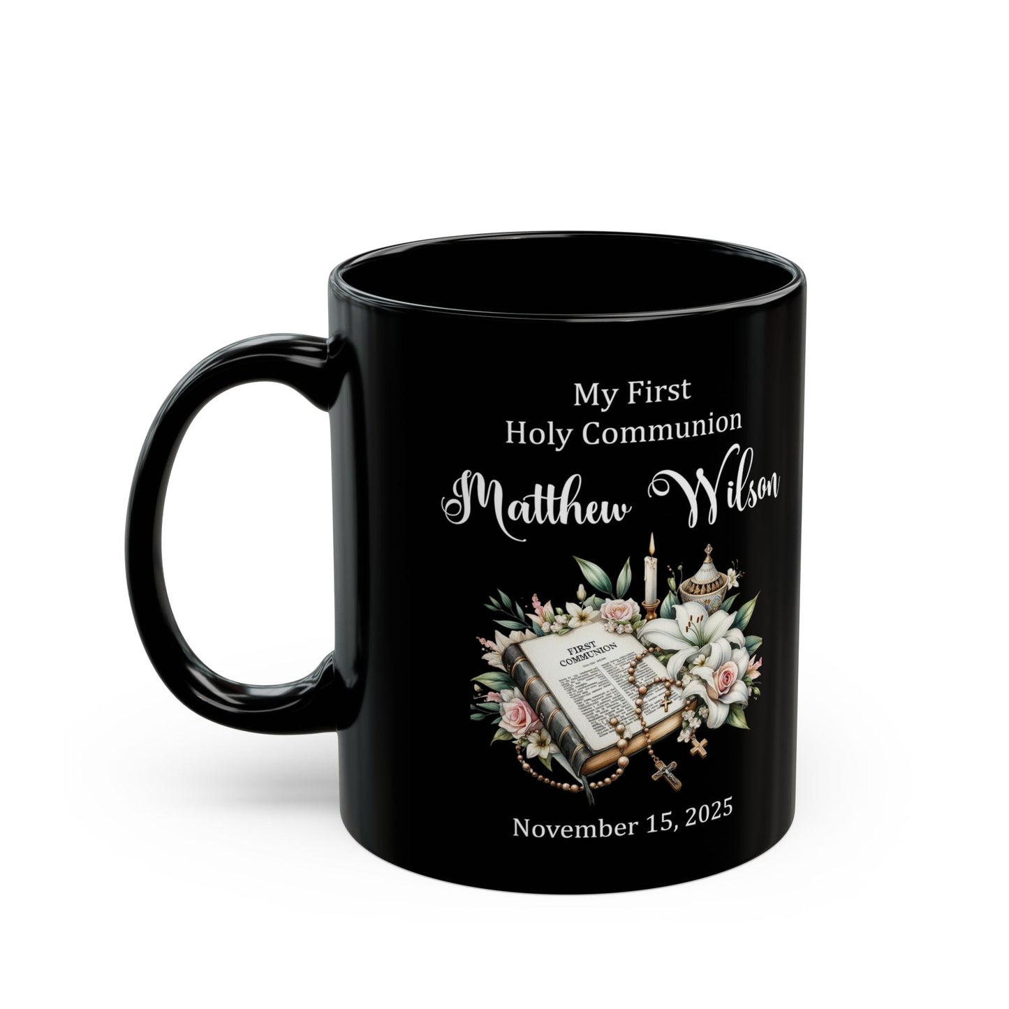 Black First Communion Mug – Matthew Wilson – Personalized Keepsake 2025