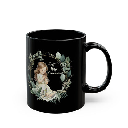 First Holy Communion Mug for Girl – Elegant Black Keepsake Cup