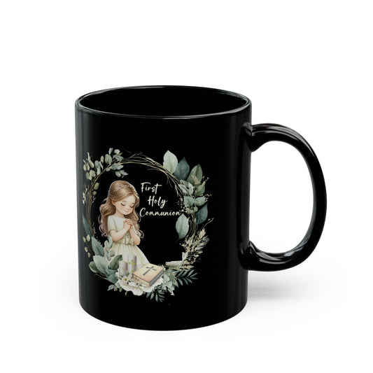 First Holy Communion Mug for Girl – Elegant Black Keepsake Cup